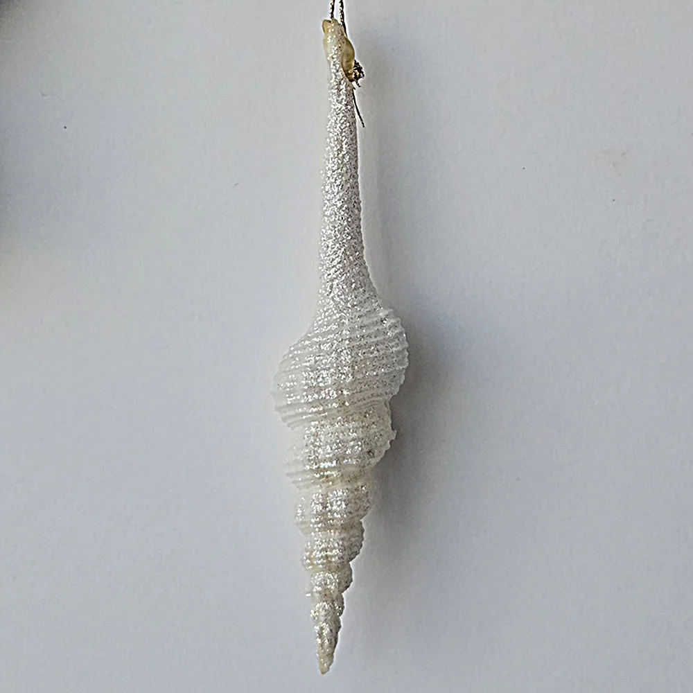 VTG 90s Shimmering Spindle Seashell Ornament White Iridescent Glitter Coastal